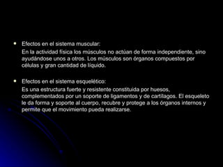 Efectos en el sistema muscular: En la actividad física los músculos no actúan de forma independiente, sino ayudándose unos a otros. Los músculos son órganos compuestos por células y gran cantidad de líquido. Efectos en el sistema esquelético: Es una estructura fuerte y resistente constituida por huesos, complementados por un soporte de ligamentos y de cartílagos. El esqueleto le da forma y soporte al cuerpo, recubre y protege a los órganos internos y permite que el movimiento pueda realizarse. 