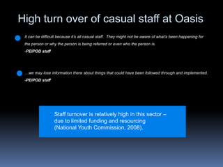 High turn over of casual staff at OasisIt can be difficult because it’s all casual staff.  They might not be aware of what’s been happening for the person or why the person is being referred or even who the person is. PEIPOD staff…we may lose information there about things that could have been followed through and implemented.  -PEIPOD staffStaff turnover is relatively high in this sector – due to limited funding and resourcing (National Youth Commission, 2008). 