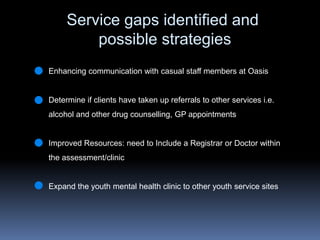 Service gaps identified andpossible strategiesEnhancing communication with casual staff members at OasisDetermine if clients have taken up referrals to other services i.e. alcohol and other drug counselling, GP appointmentsImproved Resources: need to Include a Registrar or Doctor within the assessment/clinicExpand the youth mental health clinic to other youth service sites