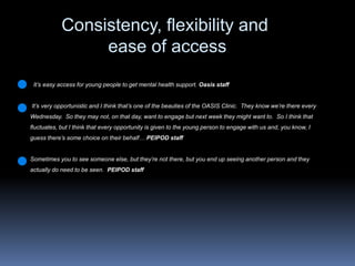 Consistency, flexibility andease of accessIt’s easy access for young people to get mental health support. Oasis staffIt’s very opportunistic and I think that’s one of the beauties of the OASIS Clinic.  They know we’re there every Wednesday.  So they may not, on that day, want to engage but next week they might want to.  So I think that fluctuates, but I think that every opportunity is given to the young person to engage with us and, you know, I guess there’s some choice on their behalf… PEIPOD staffSometimes you to see someone else, but they’re not there, but you end up seeing another person and they actually do need to be seen.  PEIPOD staff