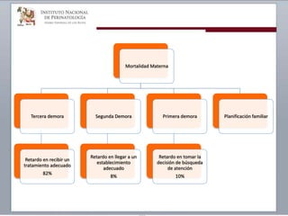 Mortalidad Materna
Tercera demora
Retardo en recibir un
tratamiento adecuado
82%
Segunda Demora
Retardo en llegar a un
establecimiento
adecuado
8%
Primera demora
Retardo en tomar la
decisión de búsqueda
de atención
10%
Planificación familiar
 