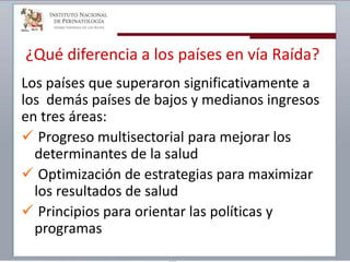 ¿Qué diferencia a los países en vía Raída?
Los países que superaron significativamente a
los demás países de bajos y medianos ingresos
en tres áreas:
 Progreso multisectorial para mejorar los
determinantes de la salud
 Optimización de estrategias para maximizar
los resultados de salud
 Principios para orientar las políticas y
programas
 