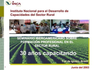 1 Junio del 2003
Instituto Nacional para el Desarrollo de
Capacidades del Sector Rural
30 años capacitando
SEMINARIO IBEROAMERICANO SOBRE
FORMACIÓN PROFESIONAL EN EL
SECTOR RURAL
Foz de Iguazú, Brasil
 