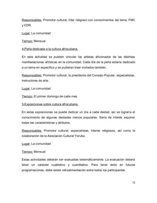 72 
Responsables: Promotor cultural, líder religioso con conocimientos del tema, FMC y CDR. Lugar: La comunidad Tiempo: Mensual 4-Peña dedicada a la cultura afrocubana. En esta actividad se pueden vincular los artistas aficionados de las distintas manifestaciones artísticas en la comunidad. Cada día de la peña estaría dedicado a un tema en específico y se pudieran traer invitados también. Responsables: Promotor cultural, la presidenta del Consejo Popular, especialistas, instructores de arte. Lugar: La comunidad Tiempo: El primer domingo de cada mes. 5-Exposiciones sobre cultura afrocubana. En estas exposiciones se puede dedicar un día a cada deidad, así se lograría el conocimiento de algunas deidades menos populares. Sería de interés exponer todas las características y atributos. Responsables: Promotor cultural, especialistas, líderes religiosos, así como la colaboración de la Asociación Cultural Yoruba. Lugar: La comunidad Tiempo: Mensual Estas actividades deberán ser evaluadas sistemáticamente. La evaluación deberá tener un carácter cualitativo y cuantitativo. Para tener éxito en futuras programaciones, debe existir retroalimentación entre todos los participantes. 
 