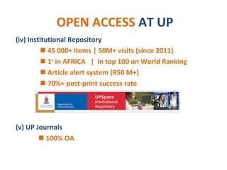 OPEN ACCESS AT UP
(iv) Institutional Repository
 45 000+ items | 50M+ visits (since 2011)
 1st
in AFRICA | in top 100 on World Ranking
 Article alert system (R50 M+)
 70%+ post-print success rate
(v) UP Journals
 100% OA
 