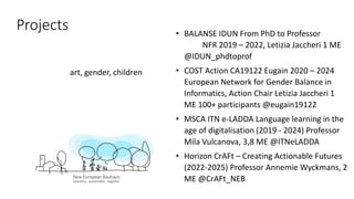 art, gender, children
• BALANSE IDUN From PhD to Professor
NFR 2019 – 2022, Letizia Jaccheri 1 ME
@IDUN_phdtoprof
• COST Action CA19122 Eugain 2020 – 2024
European Network for Gender Balance in
Informatics, Action Chair Letizia Jaccheri 1
ME 100+ participants @eugain19122
• MSCA ITN e-LADDA Language learning in the
age of digitalisation (2019 - 2024) Professor
Mila Vulcanova, 3,8 ME @ITNeLADDA
• Horizon CrAFt – Creating Actionable Futures
(2022-2025) Professor Annemie Wyckmans, 2
ME @CrAFt_NEB
Projects
 