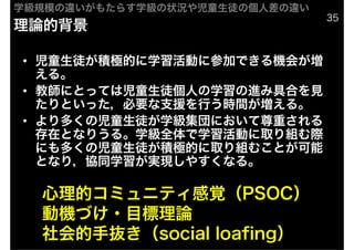 ѧģΥ⤿餹ѧ״䃹ͯͽθ˲Υ
                                35
Փı

? ͯͽeOĤѧӤ˲μӤǤC᤬
  롣
? ̎ˤȤäƤσͯͽˤѧM߾ߺϤҊ
  ȤäҪ֧ԮФrg롣
? य΃ͯͽѧˤؤ
  ڤȤʤꤦ롣ѧȫѧӤȡMH
  ˤय΃ͯͽeOĤȡMळȤ
  Ȥʤ꣬fͬѧgF䤹ʤ롣

  ĥߥ˥ƥҙPSOC
  әCŤ?ĿՓ
  ֒isocial loafing
 