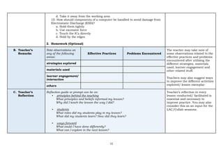 11
d. Take it away from the working area
10. How should components of a computer be handled to avoid damage from
Electrostatic Discharge (ESD)?
a. Hold them tightly
b. Use excessive force
c. Touch the ICs directly
d. Hold by the edges
2. Homework (Optional)
B. Teacher’s
Remarks
Note observations on
any of the following
areas:
Effective Practices Problems Encountered
The teacher may take note of
some observations related to the
effective practices and problems
encountered after utilizing the
different strategies, materials
used, learner engagement and
other related stuff.
Teachers may also suggest ways
to improve the different activities
explored/ lesson exemplar.
strategies explored
materials used
learner engagement/
interaction
others
C. Teacher’s
Reflection
Reflection guide or prompt can be on:
▪ principles behind the teaching
What principles and beliefs informed my lesson?
Why did I teach the lesson the way I did?
▪ students
What roles did my students play in my lesson?
What did my students learn? How did they learn?
▪ ways forward
What could I have done differently?
What can I explore in the next lesson?
Teacher’s reflection in every
lesson conducted/ facilitated is
essential and necessary to
improve practice. You may also
consider this as an input for the
LAC/Collab sessions.
 