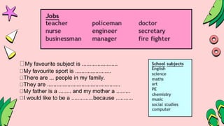 My favourite subject is .......................
My favourite sport is .......................
There are ... people in my family.
They are ...............................................
My father is a ........ and my mother a .........
I would like to be a ..............because ...........
 