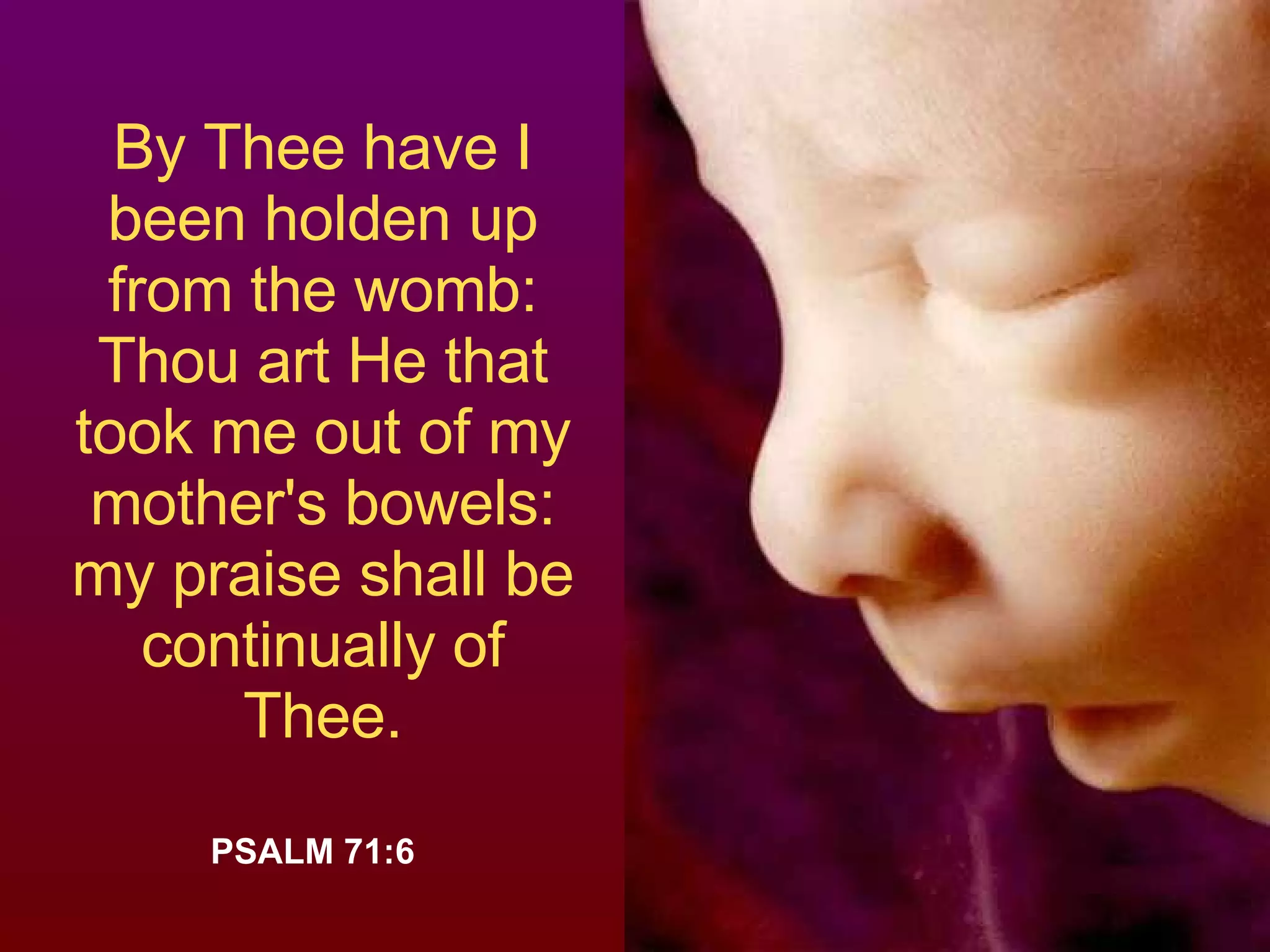 By Thee have I been holden up from the womb: Thou art He that took me out of my mother's bowels: my praise shall be continually of Thee. PSALM 71:6  
