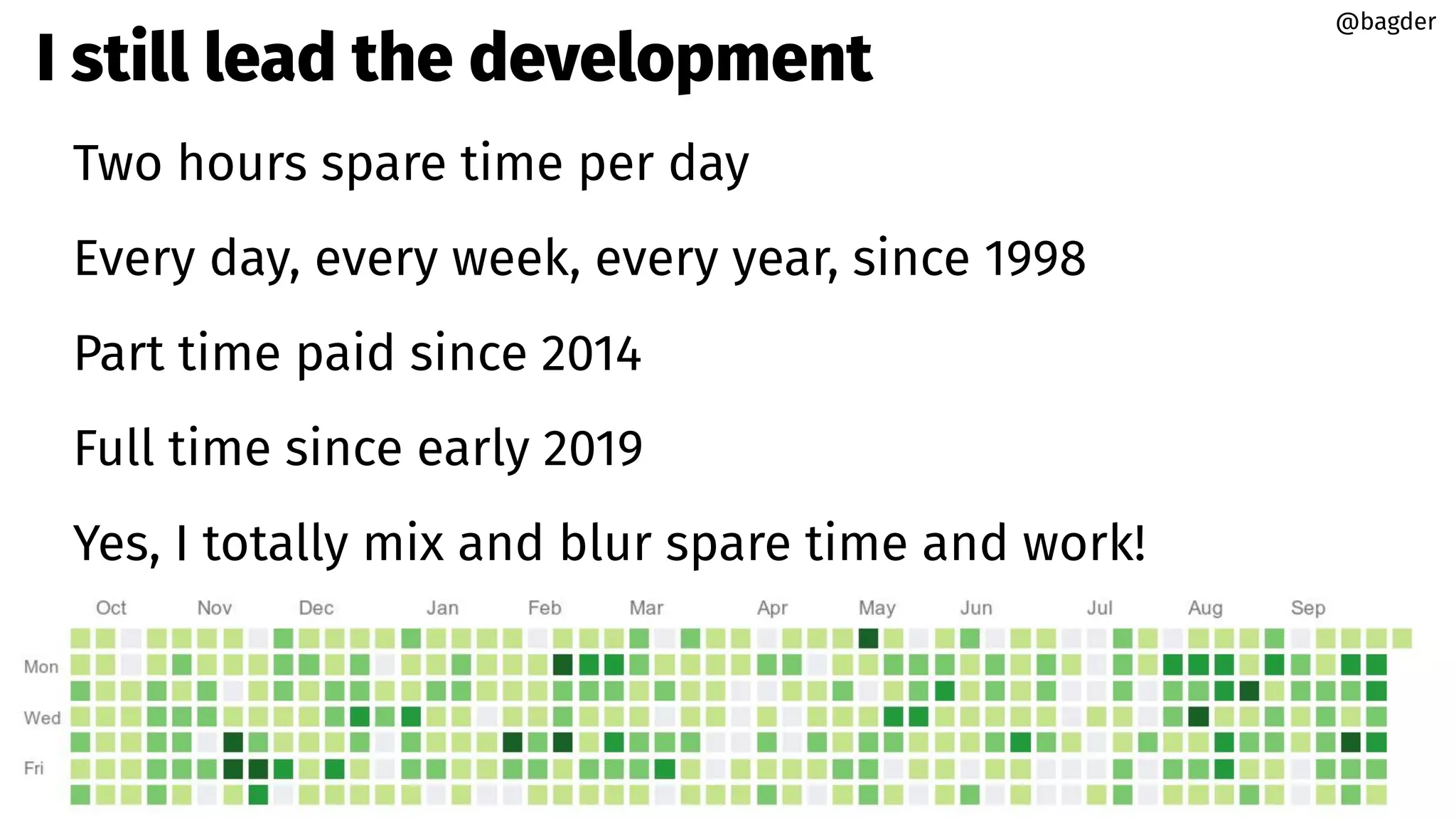 I still lead the development
Two hours spare time per day
Every day, every week, every year, since 1998
Part time paid since 2014
Full time since early 2019
Yes, I totally mix and blur spare time and work!
@bagder
@bagder
 