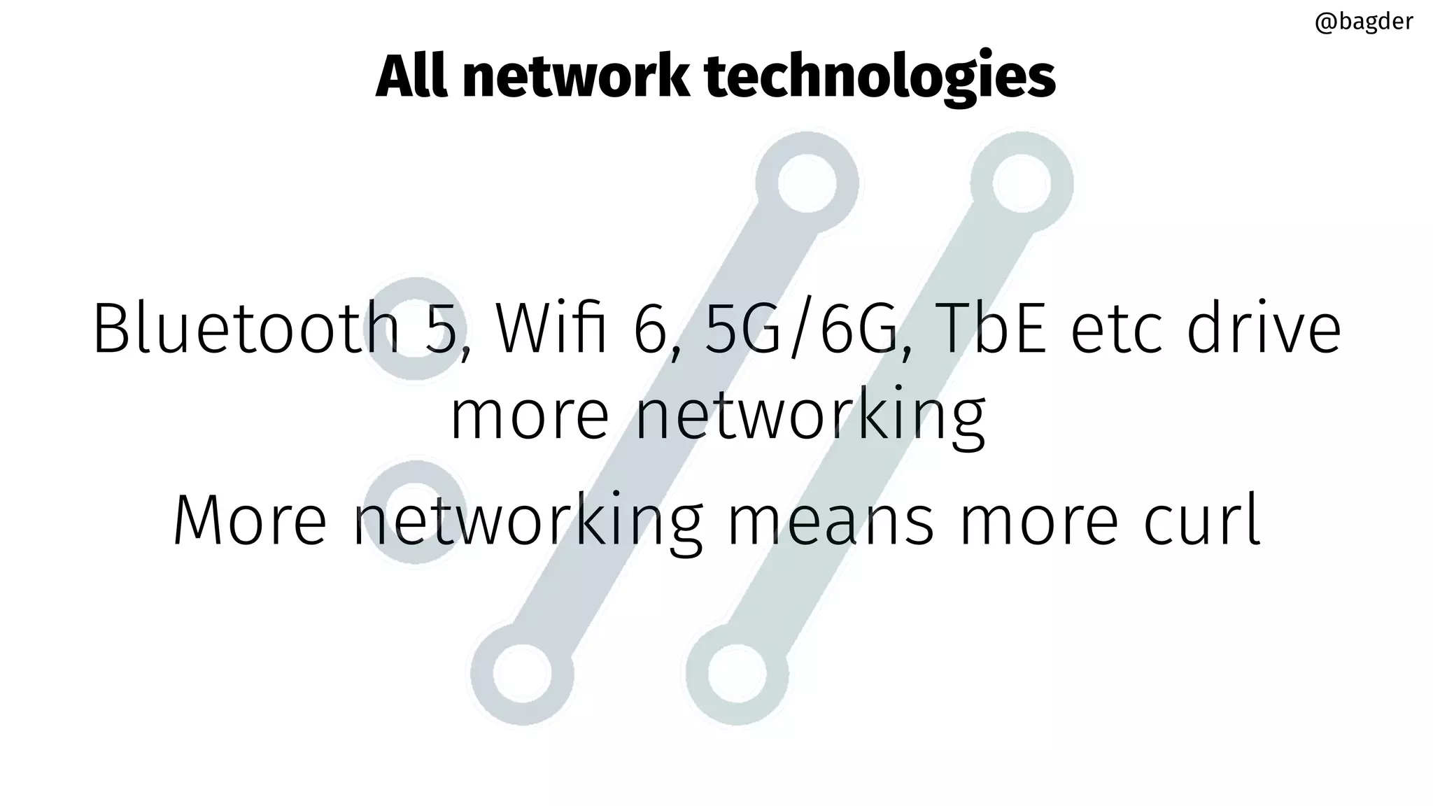 All network technologies
Bluetooth 5, Wiﬁ 6, 5G/6G, TbE etc drive
more networking
More networking means more curl
@bagder
@bagder
 