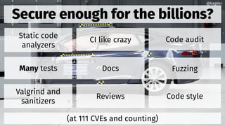 Secure enough for the billions?
Reviews
(at 111 CVEs and counting)
Code audit
Code style
Fuzzing
Docs
Static code
analyzers
Valgrind and
sanitizers
Many tests
@bagder
CI like crazy
 
