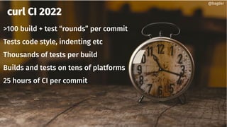 curl CI 2022
>100 build + test “rounds” per commit
Tests code style, indenting etc
Thousands of tests per build
Builds and tests on tens of platforms
25 hours of CI per commit
@bagder
 