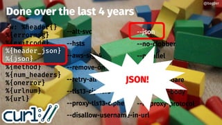 Done over the last 4 years
--alt-svc
--hsts
--aws-sigv4
--remove-on-error
--retry-all-errors
--tls13-ciphers
--proxy-tls13-ciphers
--disallow-username-in-url
w: %header{}
%{errormsg}
%{exitcode}
%{header_json}
%{json}
%{method}
%{num_headers}
%{onerror}
%{urlnum}
%{url}
--json
--no-clobber
--parallel
--doh-url
--etag-compare
--fail-with-body
--haproxy-protocol
@bagder
JSON!
 