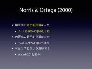 Norris & Ortega (2000) 
• 40研究の明示的指導(k = 71) 
• d = 1.13 95% CI [0.93, 1.33] 
• 19研究の暗示的指導(k = 29) 
• d = 0.54 95% CI [0.26, 0.82] 
• 本当に？どういう意味で？ 
• Watari (2013; 2014) 
 