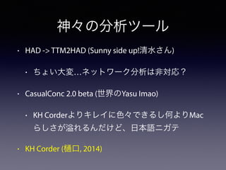 ? HAD -> TTM2HAD (Sunny side up!ˮ)
? 礤䡭ͥåȥ`Ϸǌꣿ
? CasualConc 2.0 beta (Yasu Imao)
? KH Corderꥭ쥤ɫǤ뤷ΤMac
餷 ɡձZ˥
? KH Corder ( , 2014)
񡩤ηĩ`
 