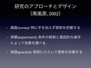 ? {(survey): ؤ֤ӤFgդ
? gY(experiment): νyƤĤʲ
ˤäƄ{٤
? g(practice): Fg˽뤷ƬFgƤ
оΥץ`ȥǥ
Lԭ, 2002
 