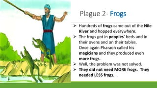 Plague 2- Frogs
 Hundreds of frogs came out of the Nile
River and hopped everywhere.
 The frogs got in peoples’ beds and in
their ovens and on their tables.
Once again Pharaoh called his
magicians and they produced even
more frogs.
 Well, the problem was not solved.
 They did not need MORE frogs. They
needed LESS frogs.
 