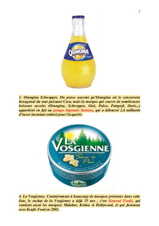 2
3. Orangina Schweppes. On pense souvent qu'Orangina est le concurrent
hexagonal du tout puissant Coca, mais la marque qui couvre de nombreuses
boissons sucrées (Orangina, Schweppes, Gini, Pulco, Pampryl, Oasis...)
appartient en fait au groupe Japonais Suntory, qui a déboursé 2,6 milliards
d'euros (montant estimé) pour l'acquérir.
4. La Vosgienne. Contrairement à beaucoup de marques présentes dans cette
liste, le rachat de la Vosgienne a déjà 25 ans , c'est General Foods, qui
contient aussi les marques Malabar, Kréma et Hollywood, et qui fusionna
avec Krafts Food en 2001.
 