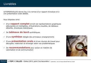 Le TOPDESVILLES / « topdesvilles » est une marque déposée NewCorp Conseil 20
Calendrier et Budget
Frais de déplacement refacturés au réél
Lancement de l’étude selon l’atteinte d’un nombre suffisant de souscripteurs
Calendrier 2016:
• terrain d’enquêtes: début novembre
• disponibilité des premiers résultats: fin novembre
• rapport complet et présentations orales: Décembre
Edition 2016:
Tronc commun mutualisé:
5 900 €HT
 