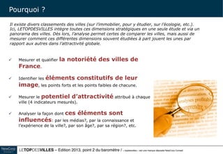 Le TOPDESVILLES / « topdesvilles » est une marque déposée NewCorp Conseil 4
Mesurer et qualifier la notoriété des villes de
France.
Identifier les éléments constitutifs de leur
image, les points forts et les points faibles de chacune.
Mesurer le potentiel d’attractivité attribué à
chaque ville.
Analyser la façon dont ces éléments sont
influencés: par les médias?, par la connaissance et
l’expérience de la ville?, par son âge?, par sa région?, etc.
Pourquoi ?
Il existe divers classements des villes (sur l’immobilier, le tourisme, les études, l’entrepreneuriat,
l’écologie, etc.). Ici, le TOPDESVILLES intègre toutes ces dimensions stratégiques en une seule
étude et via un panorama des villes. Dès lors, l’analyse permet certes de comparer les villes, mais
aussi de mesurer comment ces différentes dimensions souvent étudiées à part jouent les unes par
rapport aux autres dans l’attractivité globale.
 