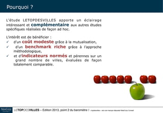 Le TOPDESVILLES / « topdesvilles » est une marque déposée NewCorp Conseil 6
L’étude TOPDESVILLES apporte un éclairage intéressant
et complémentaire aux autres études spécifiques
réalisées de façon ad hoc.
L’intérêt est de bénéficier :
• d’un coût modeste grâce à la mutualisation,
• d’un benchmark riche grâce à l’approche
méthodologique,
• et d’indicateurs normés et pérennes sur un
grand nombre de villes, évaluées de façon totalement
comparable.
Pourquoi ?
 