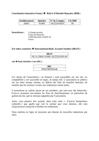 Coordonnées bancaires France Relevé d’Identité Bancaire (RIB) :
Etablissement Quichet N° de Compte Cle RIB
20041 01008 1822226V029 88
Domiciliation : La banque postale
Centre de Marseille
13900 Marseille CEDEX 20
France
For other countries International Bank Account Number (IBAN) :
IBAN
FR 16 20041 01008 1822226V029 88
and Bank Identifier Code (BIC) :
BIC
PSSTFRPPMAR
Les statuts de l’association ( en français ) sont accessibles sur son site. La
comptabilité y est accessible en ligne, en temps réel. L’association ne prélève
sur ces dons aucune somme, en dehors des frais de transfert bancaire, de
manière que les sommes versées aux traducteurs soient nettes.
L’association ne salarie aucun de ses membres, qui sont tous des bénévoles.
Ceux-ci assument eux-mêmes les frais de fonctionnement, en particulier de
gestion du site, qui ne sont pas supportés par l’association.
Ainsi, vous pourrez être assurés, dans cette sorte « d’œuvre humanitaire
culturelle » que quelle que soit la somme que vous donniez, elle sera
intégralement consacrée à rétribue les traducteurs.
Nous mettons en ligne en moyenne une dizaine de nouvelles traductions par
mois.
 