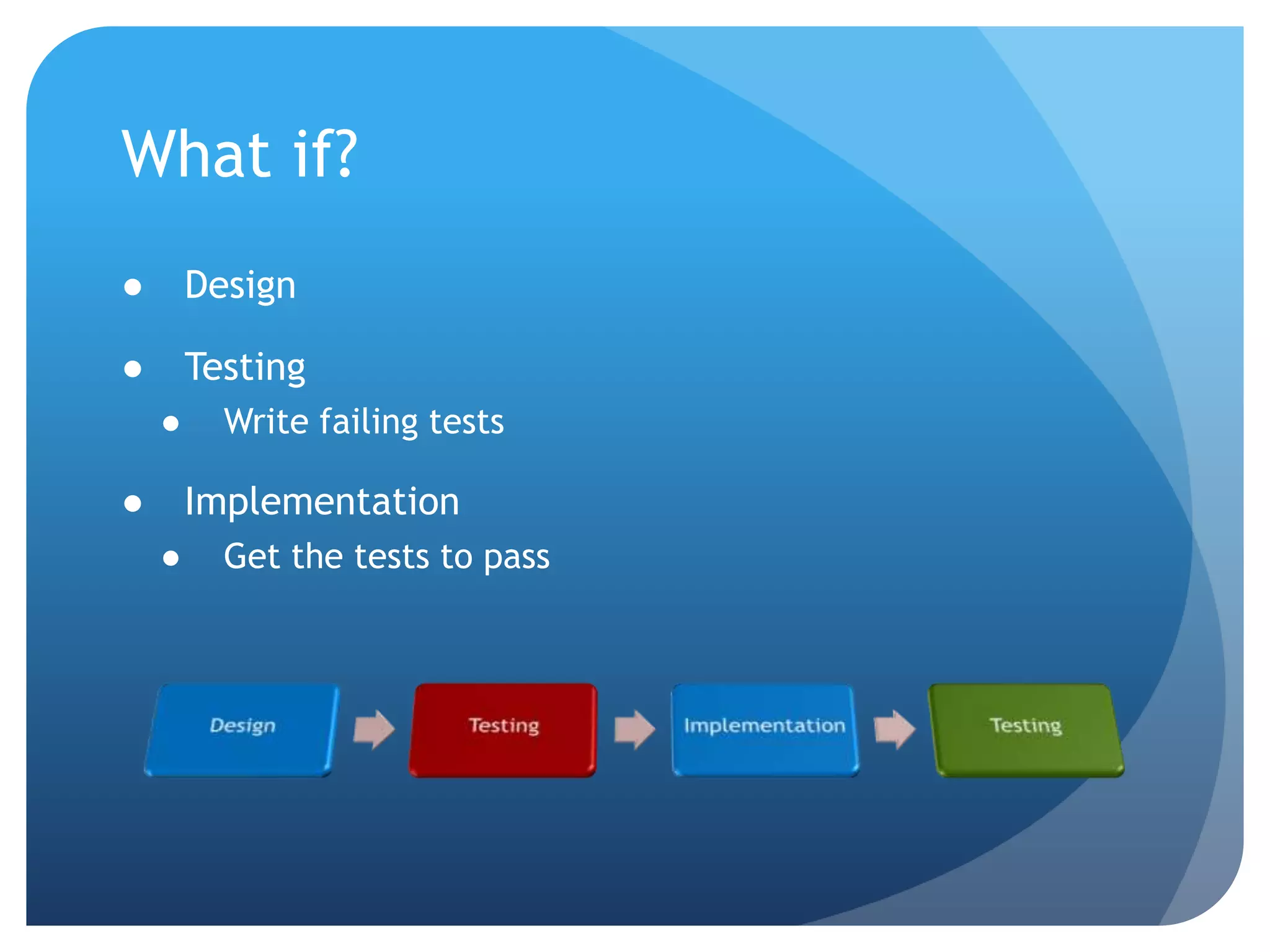 What if?DesignTestingWrite failing testsImplementationGet the tests to pass