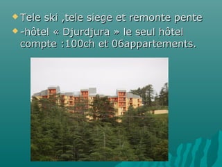  Tele ski ,tele siege et remonte penteTele ski ,tele siege et remonte pente
 -hôtel « Djurdjura » le seul hôtel-hôtel « Djurdjura » le seul hôtel
compte :100ch et 06appartements.compte :100ch et 06appartements.
 
