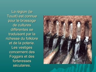 La région (leLa région (le
Touat) est connueTouat) est connue
pour le brassagepour le brassage
de culturesde cultures
différentes sedifférentes se
traduisant par latraduisant par la
richesse du folklorerichesse du folklore
et de la poterie.et de la poterie.
Les vestigesLes vestiges
concernent desconcernent des
Foggars et desFoggars et des
forteressesforteresses
séculaires.séculaires.
 