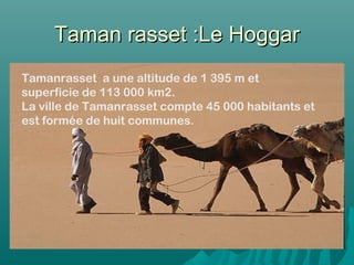 Taman rasset :Le HoggarTaman rasset :Le Hoggar
Tamanrasset a une altitude de 1 395 m et
superficie de 113 000 km2.
La ville de Tamanrasset compte 45 000 habitants et
est formée de huit communes.
 