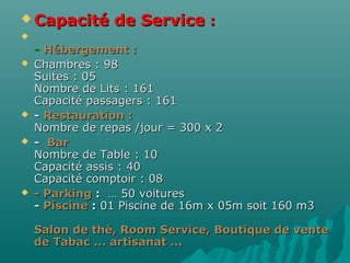  Capacité de ServiceCapacité de Service ::

-- Hébergement :Hébergement :
 Chambres : 98Chambres : 98
Suites : 05Suites : 05
Nombre de Lits : 161Nombre de Lits : 161
Capacité passagers : 161Capacité passagers : 161
 -- Restauration :Restauration :
Nombre de repas /jour = 300 x 2Nombre de repas /jour = 300 x 2
 -- BarBar
Nombre de Table : 10Nombre de Table : 10
Capacité assis : 40Capacité assis : 40
Capacité comptoir : 08Capacité comptoir : 08
 - Parking- Parking :: … 50 voitures… 50 voitures
-- PiscinePiscine :: 01 Piscine de 16m x 05m soit 160 m301 Piscine de 16m x 05m soit 160 m3
Salon de thé, Room Service, Boutique de venteSalon de thé, Room Service, Boutique de vente
de Tabac ... artisanat ...de Tabac ... artisanat ...
 