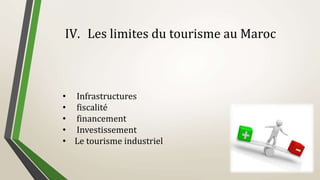 IV. Les limites du tourisme au Maroc
• Infrastructures
• fiscalité
• financement
• Investissement
• Le tourisme industriel
 