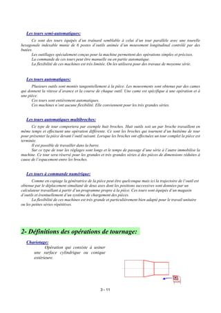 Les tours semi-automatiques:
      Ce sont des tours équipés d’un traînard semblable à celui d’un tour parallèle avec une tourelle
hexagonale indexable munie de 6 postes d’outils animée d’un mouvement longitudinal contrôlé par des
butées.
      Les outillages spécialement conçus pour la machine permettent des opérations simples et précises.
      La commande de ces tours peut être manuelle ou en partie automatique.
      La flexibilité de ces machines est très limitée. On les utilisera pour des travaux de moyenne série.


   Les tours automatiques:
      Plusieurs outils sont montés tangentiellement à la pièce. Les mouvements sont obtenus par des cames
qui donnent la vitesse d’avance et la course de chaque outil. Une came est spécifique à une opération et à
une pièce.
      Ces tours sont entièrement automatiques.
      Ces machines n’ont aucune flexibilité. Elle conviennent pour les très grandes séries.


   Les tours automatiques multibroches:
      Ce type de tour comportera par exemple huit broches. Huit outils soit un par broche travaillent en
même temps et effectuent une opération différente. Ce sont les broches qui tournent d’un huitième de tour
pour présenter la pièce devant l’outil suivant. Lorsque les broches ont effectuées un tour complet la pièce est
terminée.
      Il est possible de travailler dans la barre.
      Sur ce type de tour les réglages sont longs et le temps de passage d’une série à l’autre immobilise la
machine. Ce tour sera réservé pour les grandes et très grandes séries à des pièces de dimensions réduites à
cause de l’espacement entre les broches.


   Les tours à commande numérique:
       Comme en copiage la génératrice de la pièce peut être quelconque mais ici la trajectoire de l’outil est
obtenue par le déplacement simultané de deux axes dont les positions successives sont données par un
calculateur travaillant à partir d’un programme propre à la pièce. Ces tours sont équipés d’un magasin
d’outils et éventuellement d’un système de chargement des pièces.
       La flexibilité de ces machines est très grande et particulièrement bien adapté pour le travail unitaire
ou les petites séries répétitives.




2- Définitions des opérations de tournage:
   Chariotage:
            Opération qui consiste à usiner
      une surface cylindrique ou conique
      extérieure.




                                                 3 - 11
 