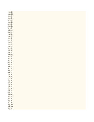 39. D
40. D
41. C
42. B
43. A
44. D
45. D
46. D
47. B
48. A
49. A
50. B
51. D
52. B
53. C
54. A
55. A
56. A
57. B
58. B
59. A
60. B
61. B
62. C
63. A
64. C
65. A
66. A
67. A
68. A
69. A
70. B
71. B
72. B
73. B
74. B
75. A
76. C
77. A
78. A
79. C
80. C
81. D
82. B
83. B
84. C
85. D
86. D
87. C
 