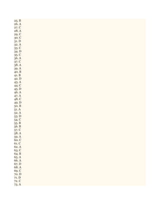 25. B
26. A
27. C
28. A
29. C
30. C
31. D
32. A
33. C
34. D
35. C
36. A
37. C
38. A
39. A
40. B
41. B
42. D
43. A
44. C
45. D
46. A
47. A
48. C
49. D
50. B
51. A
52. A
53. D
54. C
55. B
56. B
57. C
58. A
59. A
60. C
61. C
62. A
63. C
64. B
65. A
66. A
67. D
68. A
69. C
70. D
71. D
72. C
73. A
 