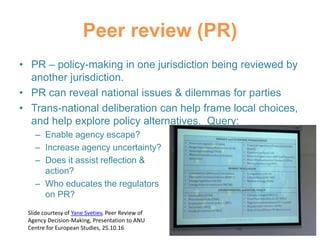 Peer review (PR)
• PR – policy-making in one jurisdiction being reviewed by
another jurisdiction.
• PR can reveal national issues & dilemmas for parties
• Trans-national deliberation can help frame local choices,
and help explore policy alternatives. Query:
– Enable agency escape?
– Increase agency uncertainty?
– Does it assist reflection &
action?
– Who educates the regulators
on PR?
Slide courtesy of Yane Svetiev, Peer Review of
Agency Decision-Making, Presentation to ANU
Centre for European Studies, 25.10.16
 