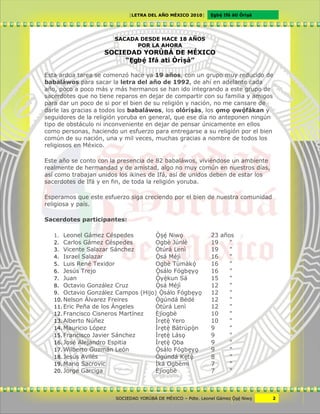[LETRA DEL AÑO MÉXICO 2010]      Cgbë Ifá àti Òrìxà




                       SACADA DESDE HACE 18 AÑOS
                             POR LA AHORA
                    SOCIEDAD YORÙBÁ DE MÉXICO
                         “Cqë Ifá ati Òrìxà”

Esta ardua tarea se comenzó hace ya 19 años, con un grupo muy reducido de
babaláwos para sacar la letra del año de 1992, de ahí en adelante cada
año, poco a poco más y más hermanos se han ido integrando a este grupo de
sacerdotes que no tiene reparos en dejar de compartir con su familia y amigos
para dar un poco de si por el bien de su religión y nación, no me cansare de
darle las gracias a todos los babaláwos, los olórixàs, los vmv vwöfákan y
seguidores de la religión yoruba en general, que ese día no anteponen ningún
tipo de obstáculo ni inconveniente en dejar de pensar únicamente en ellos
como personas, haciendo un esfuerzo para entregarse a su religión por el bien
común de su nación, una y mil veces, muchas gracias a nombre de todos los
religiosos en México.

Este año se conto con la presencia de 82 babaláwos, viviéndose un ambiente
realmente de hermandad y de amistad, algo no muy común en nuestros días,
así como trabajan unidos los ikines de Ifá, así de unidos deben de estar los
sacerdotes de Ifá y en fin, de toda la religión yoruba.

Esperamos que este esfuerzo siga creciendo por el bien de nuestra comunidad
religiosa y país.

Sacerdotes participantes:

   1. Leonel Gámez Céspedes        Ôxë Niwv                  23 años
   2. Carlos Gámez Céspedes        Ogbè Júnlè                19    "
   3. Vicente Salazar Sánchez      Òtúrá Lenì                19    "
   4. Israel Salazar               Ôsá Méjì                  16    "
   5. Luis René Texidor            Ogbè Tùmàkö               16    "
   6. Jesús Trejo                  Ôsálo Fógbcyv             16    "
   7. Juan                         Ôyêkun Sá                 15    "
   8. Octavio González Cruz        Ôsá Méjì                  12    "
   9. Octavio González Campos (Hijo) Ôsálo Fógbcyv           12    "
   10. Nelson Álvarez Freires      Ògúndá Bèdé               12    "
   11. Eric Peña de los Ángeles    Òtúrá Lenì                12    "
   12. Francisco Cisneros Martínez Èjìogbè                   10    "
   13. Alberto Núñez               Ìrctê Yero                10    "
   14. Mauricio López              Ìrctê Bàtrúpôn            9     "
   15. Francisco Javier Sánchez    Ìrctê Lásv                9     "
   16. José Alejandro Espitia      Ìrctê Vba                 9     "
   17. Wilberto Guzmán León        Ôsálo Fógbcyv             9     "
   18. Jesús Avilés                Ògúndá Kctê               8     "
   19. Mario Sacrovic              Ìká Ogbèmi                7     "
   20. Jorge Garciga               Èjìogbè                   7     "



                       SOCIEDAD YORÙBÁ DE MÉXICO – Pdte. Leonel Gámez Ôxë Niwv    2
 