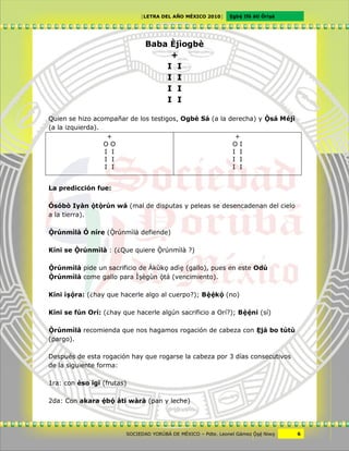 [LETRA DEL AÑO MÉXICO 2010]      Cgbë Ifá àti Òrìxà




                               Baba Èjìogbè
                                    +
                                   I I
                                   I I
                                   I I
                                   I I

Quien se hizo acompañar de los testigos, Ogbè Sá (a la derecha) y Ôsá Méjì
(a la izquierda).
                   +                                     +
                  OO                                    OI
                  I I                                   I I
                  I I                                   I I
                  I I                                   I I


La predicción fue:

Ósóbò Iyàn ôtôrún wá (mal de disputas y peleas se desencadenan del cielo
a la tierra).

Ôrúnmìlà Ó níre (Ôrúnmìlà defiende)

Kíni se Ôrúnmìlà : (¿Que quiere Ôrúnmìlà ?)

Ôrúnmìlà pide un sacrificio de Àkùkv adìc (gallo), pues en este Odù
Ôrúnmìlà come gallo para Ìxègùn ôtá (vencimiento).

Kíni ìxöra: (¿hay que hacerle algo al cuerpo?); Bêëkö (no)

Kíni se fún Orí: (¿hay que hacerle algún sacrificio a Orí?); Bêëni (sí)

Ôrúnmìlà recomienda que nos hagamos rogación de cabeza con Cjá bo tútù
(pargo).

Después de esta rogación hay que rogarse la cabeza por 3 días consecutivos
de la siguiente forma:

1ra: con èso igi (frutas)

2da: Con akara ëbö àti wàrà (pan y leche)




                        SOCIEDAD YORÙBÁ DE MÉXICO – Pdte. Leonel Gámez Ôxë Niwv    6
 
