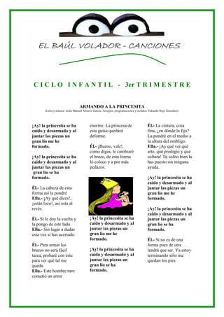 EL BAÚL VOLADOR - CANCIONES



 C I C L O I N F A N T I L - 3er T R I M E S T R E


                                   ARMANDO A LA PRINCESITA
        (Letra y música: Jesús Manuel Álvarez García; Arreglos, programaciones y teclados: Eduardo Rojo González).




¡Ay! la princesita se ha                   enorme. La princesa de                        Él.- La cintura, cosa
caído y desarmado y al                     esta guisa quedará                            fina, ¿en dónde la fijo?
juntar las piezas un                       deforme.                                      La pondré en el medio a
gran lío me he                                                                           la altura del ombligo.
formado.                                   Él.- ¡Bueno, vale!,                           Ella.- ¡Ay qué ver qué
                                           como digas, le cambiaré                       arte, qué prodigio y qué
¡Ay! la princesita se ha                   el brazo, de esta forma                       soltura! Tú solito bien la
caído y desarmado y al                     lo coloco y a por más                         has puesto sin ninguna
juntar las piezas un                       pedazos.                                      ayuda.
 gran lío se ha
formado.                                                                                 ¡Ay! la princesita se ha
                                                                                         caído y desarmado y al
Él.- La cabeza de esta                                                                   juntar las piezas un
forma así la pondré                                                                      gran lío me he
Ella.- ¡Ay qué dices!,                                                                   formado.
¡estás loco!, así esta al
revés.                                                                                   ¡Ay! la princesita se ha
                                                                                         caído y desarmado y al
Él.- Si le doy la vuelta y                 ¡Ay! la princesita se ha                      juntar las piezas un
la pongo de este lado.                     caído y desarmado y al                        gran lío se ha
Ella.- Sin lugar a dudas                   juntar las piezas un                          formado.
esta vez sí has acertado.                  gran lío me he
                                           formado.                                      Él.- Si no es de una
Él.- Para armar los                                                                      forma pues de otra
brazos no será fácil                       ¡Ay! la princesita se ha                      tendrá que ser. Ya estoy
tarea, probaré con éste                    caído y desarmado y al                        terminando sólo me
para ver qué tal me                        juntar las piezas un                          quedan los pies
queda.                                     gran lío se ha
Ella.- Este hombre raro                    formado.
cometió un error
 