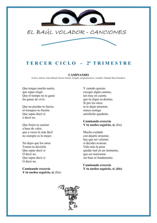 EL BAÚL VOLADOR - CANCIONES



  TERCER CICLO                                                - 2º T R I M E S T R E

                                                CAMINANDO
       (Letra y música: Jesús Manuel Álvarez García; Arreglos, programaciones y teclados: Eduardo Rojo González).




Que tengas mucha suerte,                                         Y cuando quieras
que sepas elegir.                                                escoger algún camino,
Que el tiempo no te gaste                                        ten muy en cuenta
las ganas de vivir.                                              que tú eliges tu destino.
                                                                 Si por los otros
Que no pierdas tu fuerza                                         tu te dejas arrastrar,
ni trunques tu ilusión.                                          nunca contigo
Que sepas decir sí                                               satisfecho quedarás.
o decir no.
                                                                 Caminando crecerás
Que forjes tu camino                                             Y tu sueños seguirás, si. (bis)
a base de valor,
que a veces lo más fácil                                         Mucho cuidado
no siempre es lo mejor.                                          con dejarte arrastrar,
                                                                 hay que ser valiente
No dejes que los otros                                           si decides avanzar.
Tomen tu decisión                                                Vale más la pena
Que sepas decir si                                               quedar mal en un momento,
O decir no                                                       que ser marioneta
Que sepas decir si                                               sin base ni fundamento.
O decir no.
                                                                 Caminando crecerás
Caminando crecerás                                               Y tu sueños seguirás, si. (bis)
Y tu sueños seguirás, si. (bis)
 