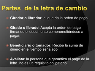  Girador o librador: el que da la orden de pago. 
 Girado o librado: Acepta la orden de pago 
firmando el documento comprometiéndose a 
pagar. 
 Beneficiario o tomador: Recibe la suma de 
dinero en el tiempo señalado 
 Avalista: la persona que garantiza el pago de la 
letra. no es un requisito obligatorio. 
 