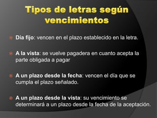    Día fijo: vencen en el plazo establecido en la letra.

   A la vista: se vuelve pagadera en cuanto acepta la
    parte obligada a pagar

   A un plazo desde la fecha: vencen el día que se
    cumpla el plazo señalado.

   A un plazo desde la vista: su vencimiento se
    determinará a un plazo desde la fecha de la aceptación.
 