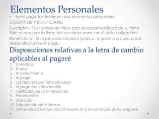 Elementos Personales
• En el pagaré intervienen dos elementos personales:
SUSCRIPTOR Y BENEFICIARIO
Suscriptor.- Es el emisor del título bajo la responsabilidad de su firma.
Sólo se requiere la firma del suscriptor para constituir la obligación.
Beneficiario.- Es la persona natural o jurídica, a quien o a cuya orden
debe efectuarse el pago.
Disposiciones relativas a la letra de cambio
aplicables al pagaré
1. El endoso
2. El aval
3. Al vencimiento
4. Al pago
5. Los recursos por falta de pago
6. Al pago por intervención
7. Falsificaciones y alteraciones
8. Prescripción
9. Domicilio
10. Estipulación de intereses
11. Diferencias de enunciación respecto a la suma que debe pagarse
 