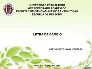 UNIVERSIDAD FERMIN TORO
VICERECTORADO ACADÉMICO
FACULTAD DE CIENCIAS JURÍDICAS Y POLÍTICAS
ESCUELA DE DERECHO
LETRA DE CAMBIO
PARTICIPANTE: MARY FONSECA
ARAURE JUNIO DE 2017
 
