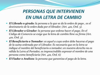 PERSONAS QUE INTERVIENEN
EN UNA LETRA DE CAMBIO
 El Librado o girado: la persona a la que se da la orden de pago , es el
destinatario de la orden dada por el librador. (Art. 410, Ord. 3).
 El Librador o Girador: la persona que ordena hacer el pago. En el
Código de Comercio se exige que la letra de cambio lleve su firma (Art.
410, Ord. 3).
 El Beneficiario o Tomador: es aquel a cuya orden debe hacerse el pago
de la suma ordenada por el Librador. Es necesario que en la letra se
indique el nombre del beneficiario o tomador; en nuestro derecho no es
válida la Letra al Portador, es imprescindible expresar el nombre de una
persona como beneficiaria (Art. 410, Ord. 6)
 El Fiador o Avalista: la persona que garantiza el pago de la letra.
 