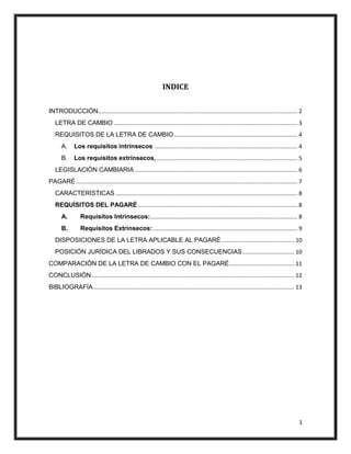 1
INDICE
INTRODUCCIÓN.............................................................................................................................. 2
LETRA DE CAMBIO .................................................................................................................... 3
REQUISITOS DE LA LETRA DE CAMBIO.............................................................................. 4
A. Los requisitos intrínsecos .......................................................................................... 4
B. Los requisitos extrínsecos, ......................................................................................... 5
LEGISLACIÓN CAMBIARIA....................................................................................................... 6
PAGARÉ............................................................................................................................................ 7
CARACTERÍSTICAS ................................................................................................................... 8
REQUÍSITOS DEL PAGARÉ..................................................................................................... 8
A. Requisitos Intrínsecos:............................................................................................. 8
B. Requisitos Extrínsecos: ........................................................................................... 9
DISPOSICIONES DE LA LETRA APLICABLE AL PAGARÉ .............................................. 10
POSICIÓN JURÍDICA DEL LIBRADOS Y SUS CONSECUENCIAS................................. 10
COMPARACIÓN DE LA LETRA DE CAMBIO CON EL PAGARÉ......................................... 11
CONCLUSIÓN................................................................................................................................ 12
BIBLIOGRAFÍA............................................................................................................................... 13
 