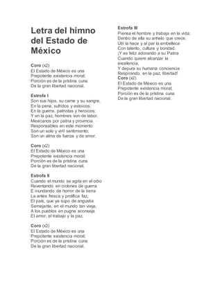 Letra del himno
del Estado de
México
Coro (x2)
El Estado de México es una
Prepotente existencia moral;
Porción es de la prístina cuna
De la gran libertad nacional.
Estrofa I
Son sus hijos, su carne y su sangre,
En la pena, sufridos y estoicos;
En la guerra, patriotas y heroicos;
Y en la paz, hombres son de labor.
Mexicanos por patria y provincia
Responsables en este momento
Son un solo y viril sentimiento;
Son un alma de fuerza y de amor.
Coro (x2)
El Estado de México es una
Prepotente existencia moral;
Porción es de la prístina cuna
De la gran libertad nacional.
Estrofa II
Cuando el mundo se agita en el odio
Reventando en ciclones de guerra
E inundando de horror de la tierra
La antes fresca y prolífica faz,
El país, que ya supo de angustia
Semejante, en el mundo tan vieja,
A los pueblos en pugna aconseja
El amor, el trabajo y la paz.
Coro (x2)
El Estado de México es una
Prepotente existencia moral;
Porción es de la prístina cuna
De la gran libertad nacional.
Estrofa III
Piensa el hombre y trabaja en la vida;
Dentro de ella su anhelo que crece,
Útil la hace y al par la embellece
Con talento, cultura y bondad.
¡Y es feliz adorando a su Patria
Cuando quiere alcanzar la
excelencia,
Y depura su humana conciencia
Respirando, en la paz, libertad!
Coro (x2)
El Estado de México es una
Prepotente existencia moral;
Porción es de la prístina cuna
De la gran libertad nacional.
 