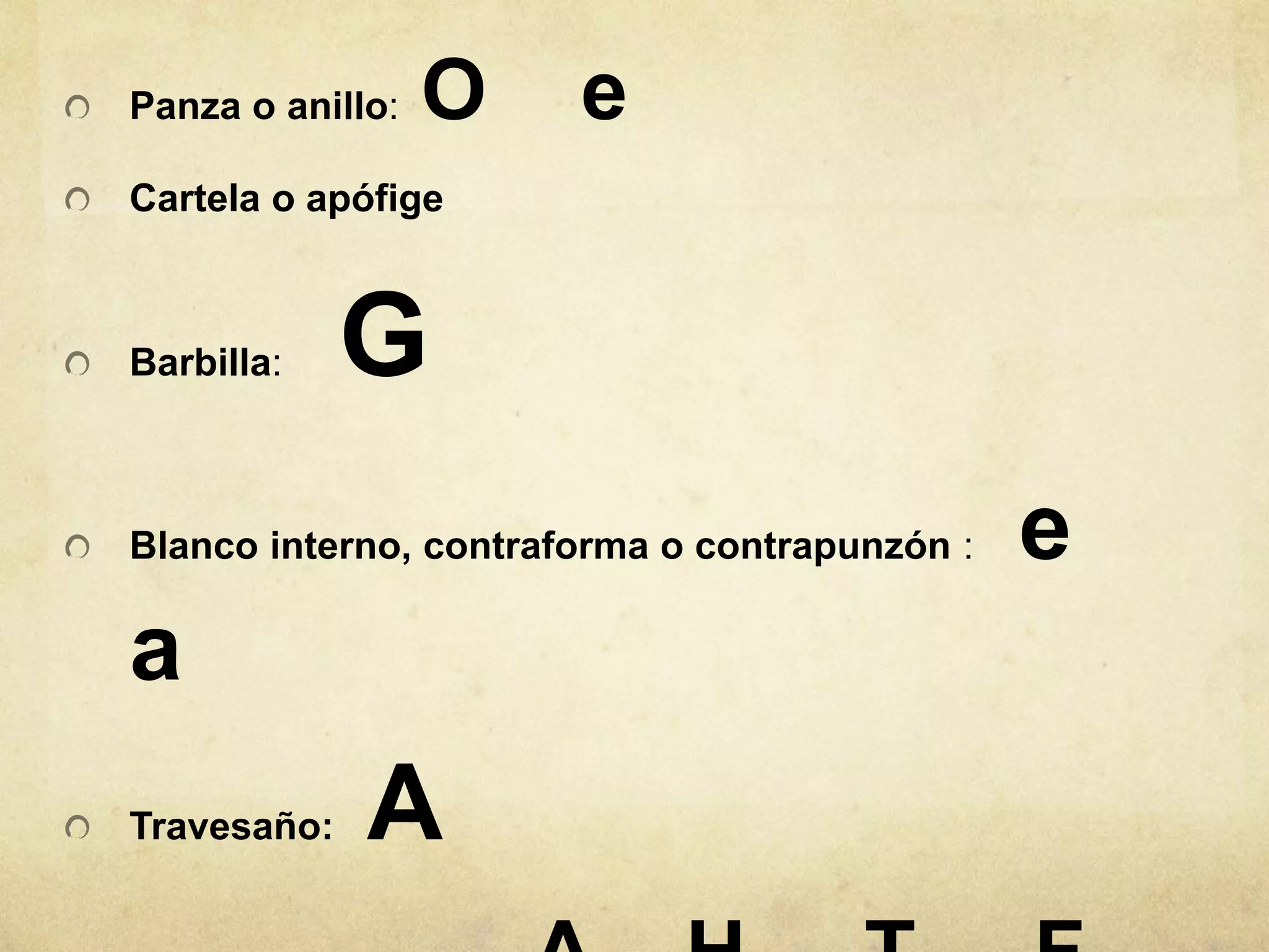 Panza o anillo:   O    e
Cartela o apófige



Barbilla:    G
Blanco interno, contraforma o contrapunzón :   e
a
Travesaño:   A
 